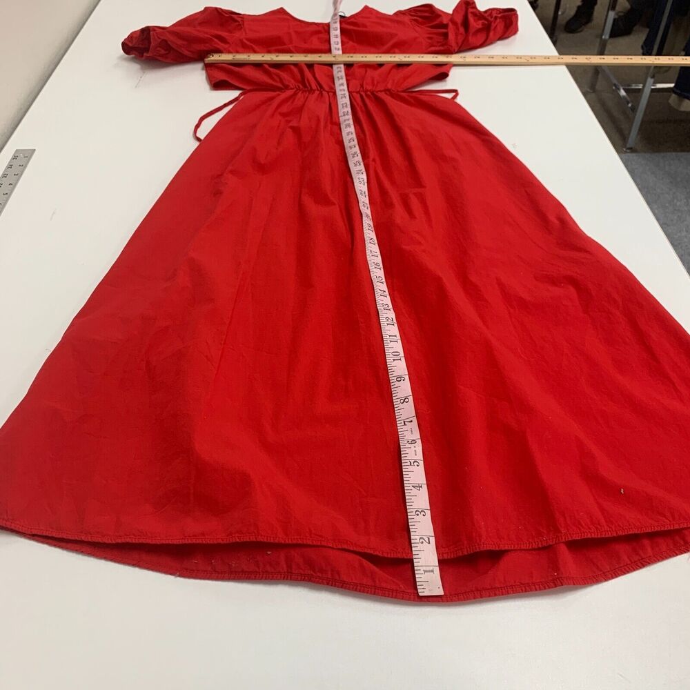 Zara Cut Out Polin Dress Womens XS Extra Small Red Midi Puff Sleeves Cinch Waist - Picture 8 of 16
